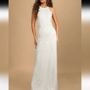 Lulus- All the Romance - White - Beaded Sequin Halter Mermaid Maxi Dress